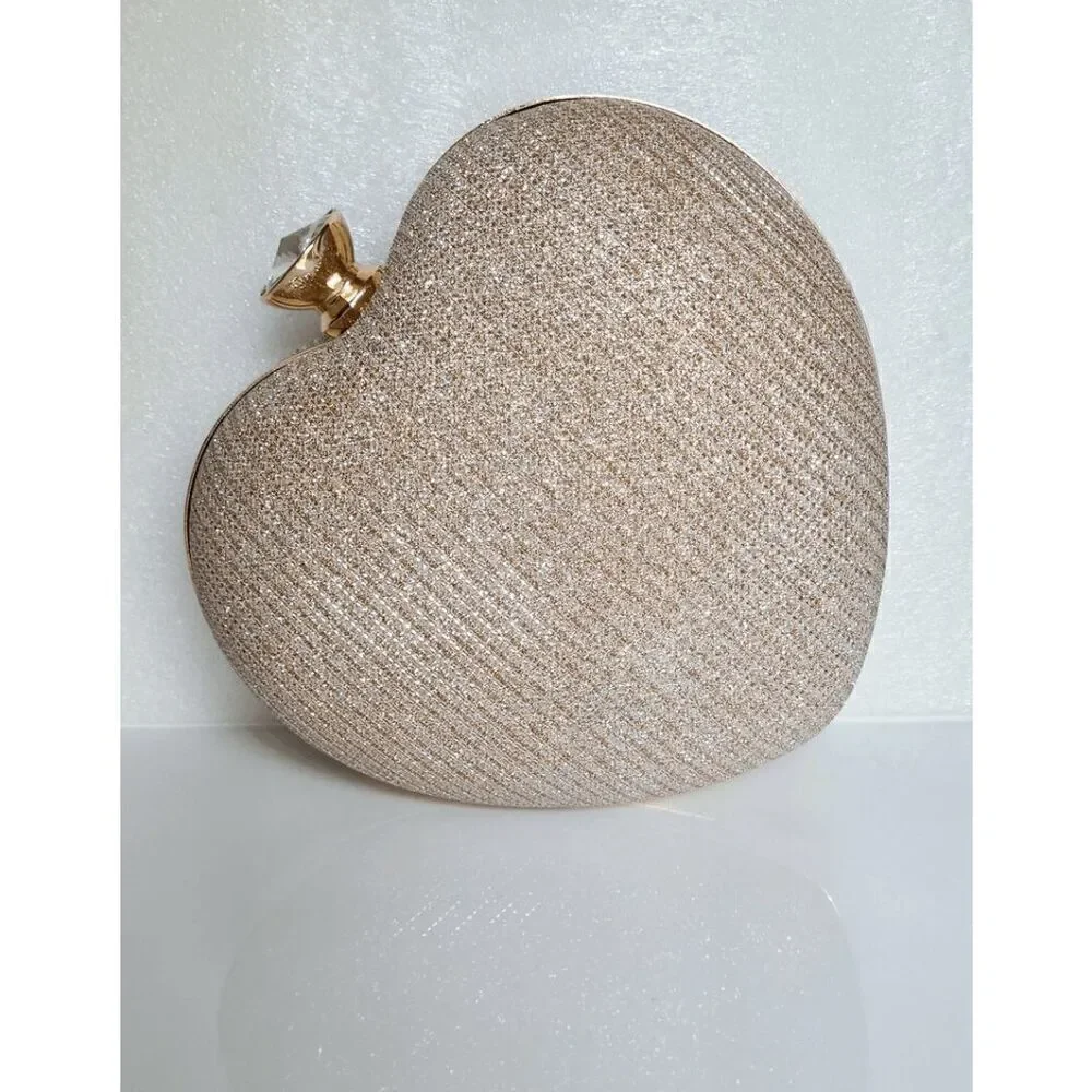 ❤️✨ Gold Sparkling Glitter Heart Shaped Top Handle Chain Clutch Purse Bag NEW